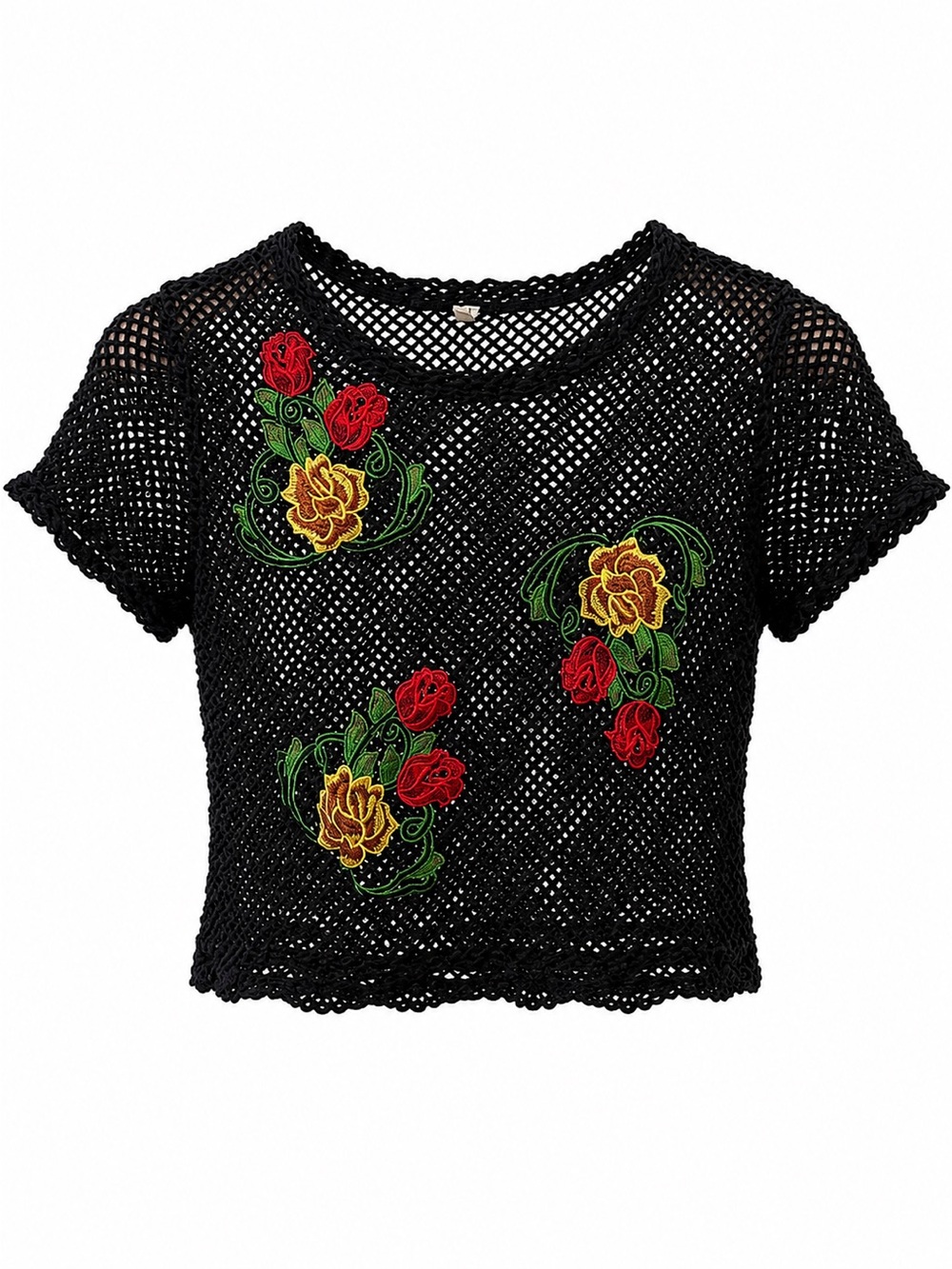 Emma & Sam Black Crocheted Floral Appliqué Crop Top